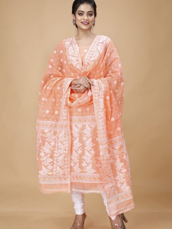Ikkat Orange Salmon Muga Cotton Unstitched Jamdani Suit Set