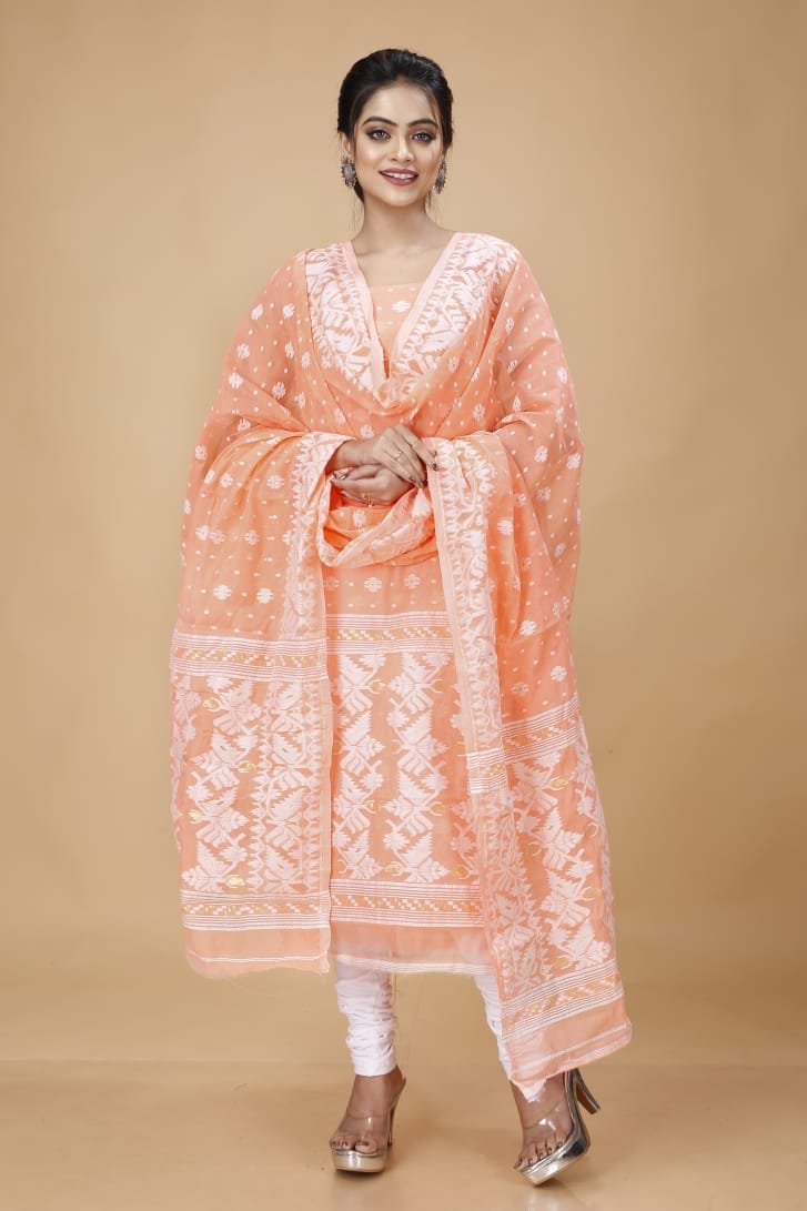 Ikkat Orange Salmon Muga Cotton Unstitched Jamdani Suit Set 1 Ikkat Orange Salmon Muga Cotton Unstitched Jamdani Suit Set