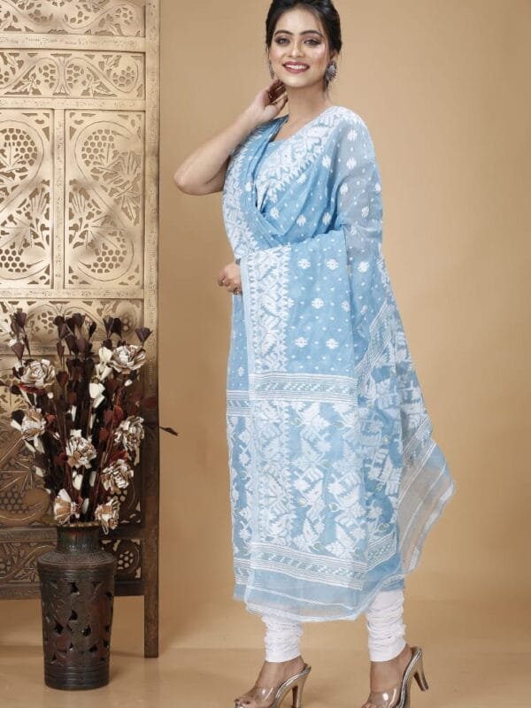 Ikkat Pale Cerulean Muga Cotton Unstitched Jamdani Suit Set