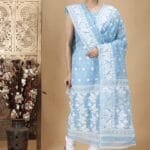 Ikkat Pale Cerulean Muga Cotton Unstitched Jamdani Suit Set