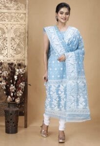 Ikkat Pale Cerulean Muga Cotton Unstitched Jamdani Suit Set