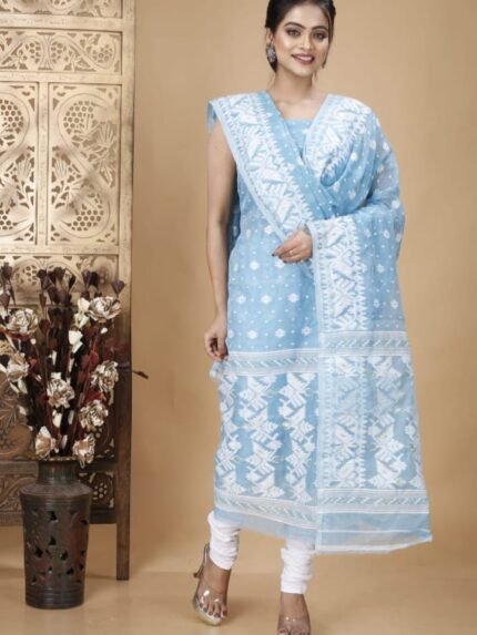 Ikkat Pale Cerulean Muga Cotton Unstitched Jamdani Suit Set