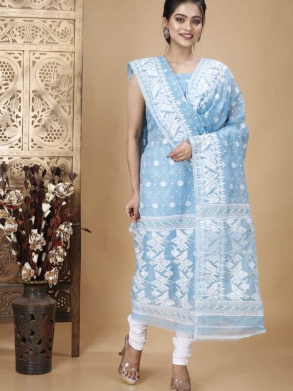 Ikkat Pale Cerulean Muga Cotton Unstitched Jamdani Suit Set