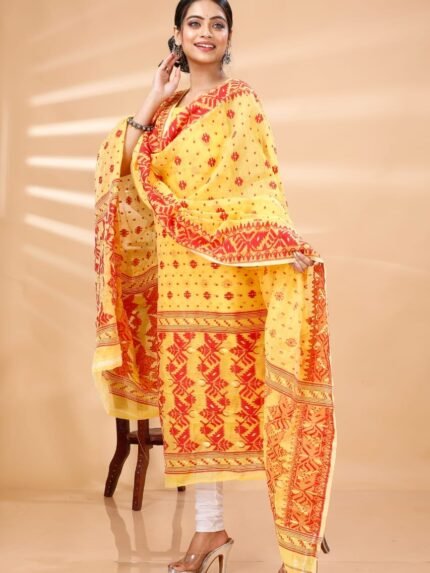 Ikkat Pale Gold Muga Cotton Unstitched Jamdani Suit Set