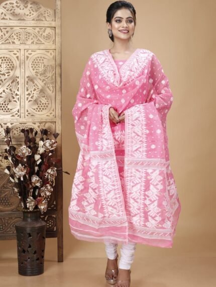 Ikkat Pastel Magenta Muga Cotton Unstitched Jamdani Suit Set