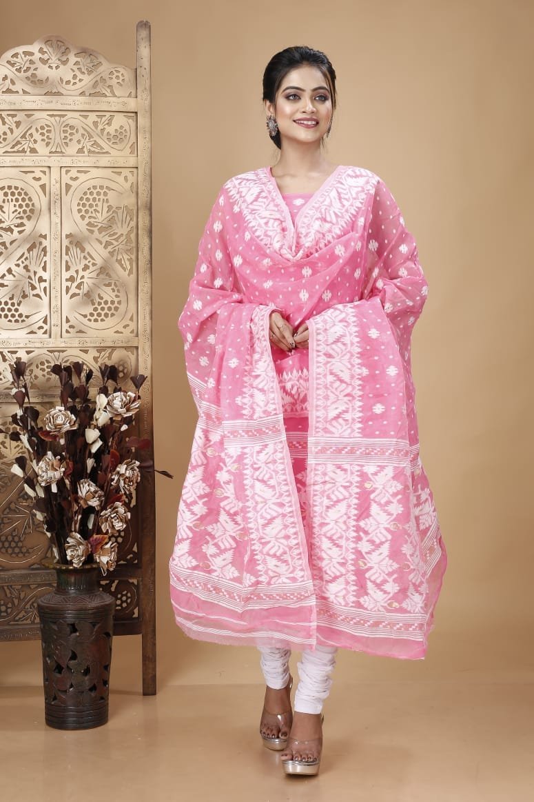 Ikkat Pastel Magenta Muga Cotton Unstitched Jamdani Suit Set 1 Ikkat Pastel Magenta Muga Cotton Unstitched Jamdani Suit Set