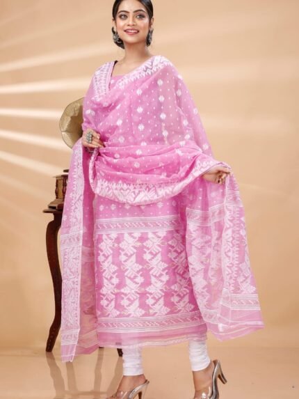 Ikkat Persian Pink Muga Cotton Unstitched Jamdani Suit Set