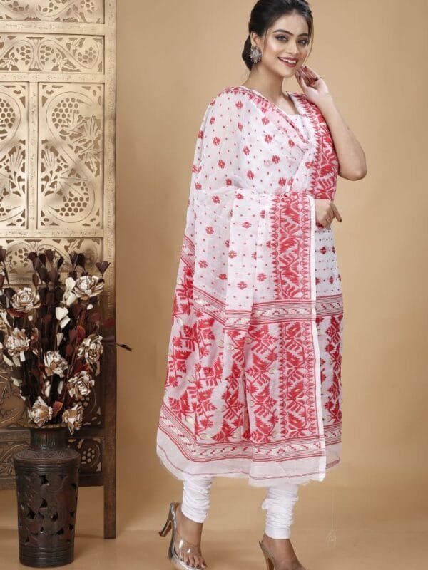 Ikkat White Muga Cotton Unstitched Jamdani Suit Set