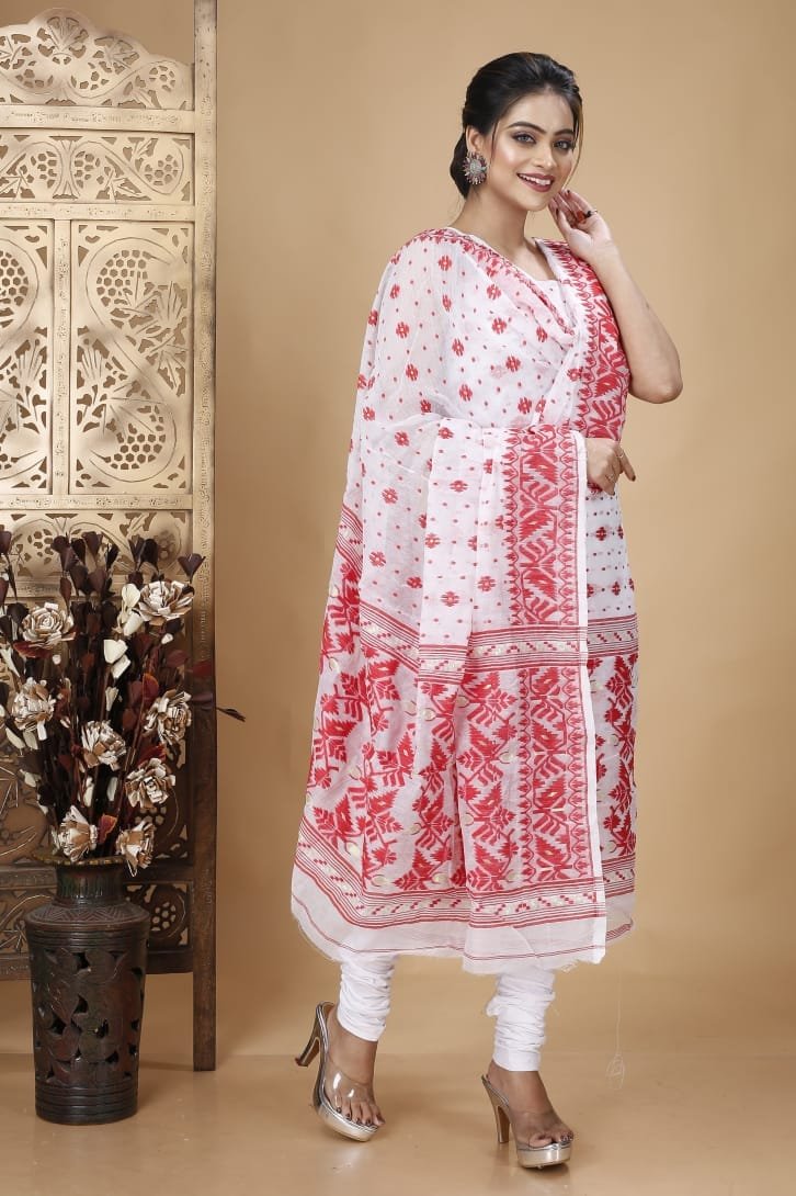 Ikkat White Muga Cotton Unstitched Jamdani Suit Set 2 Ikkat White Muga Cotton Unstitched Jamdani Suit Set