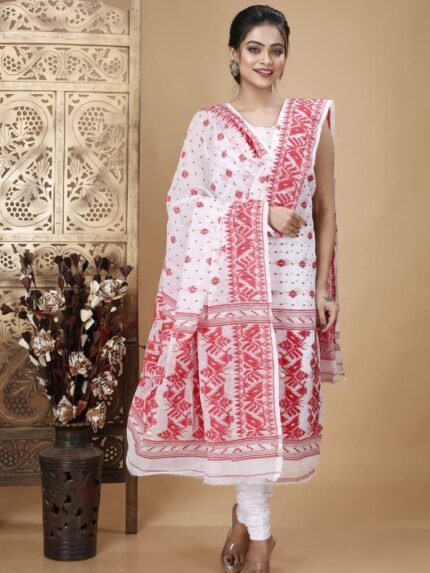 Ikkat White Muga Cotton Unstitched Jamdani Suit Set