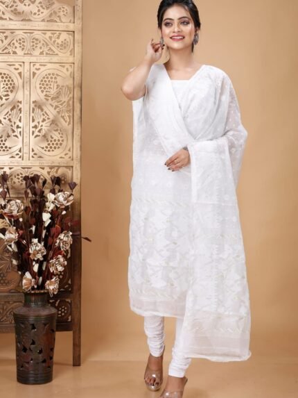 Ikkat White Muga Cotton Unstitched Jamdani Suit Set