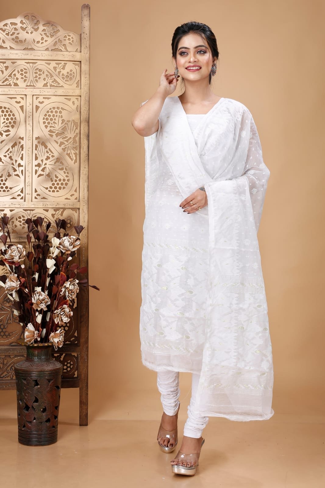Ikkat White Muga Cotton Unstitched Jamdani Suit Set 1 Ikkat White Muga Cotton Unstitched Jamdani Suit Set