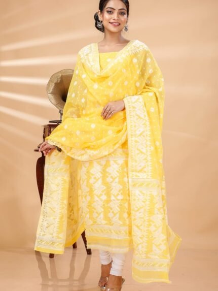 Ikkat Yellow Muga Cotton Unstitched Jamdani Suit Set