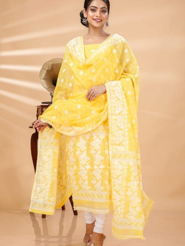 Ikkat Yellow Muga Cotton Unstitched Jamdani Suit Set