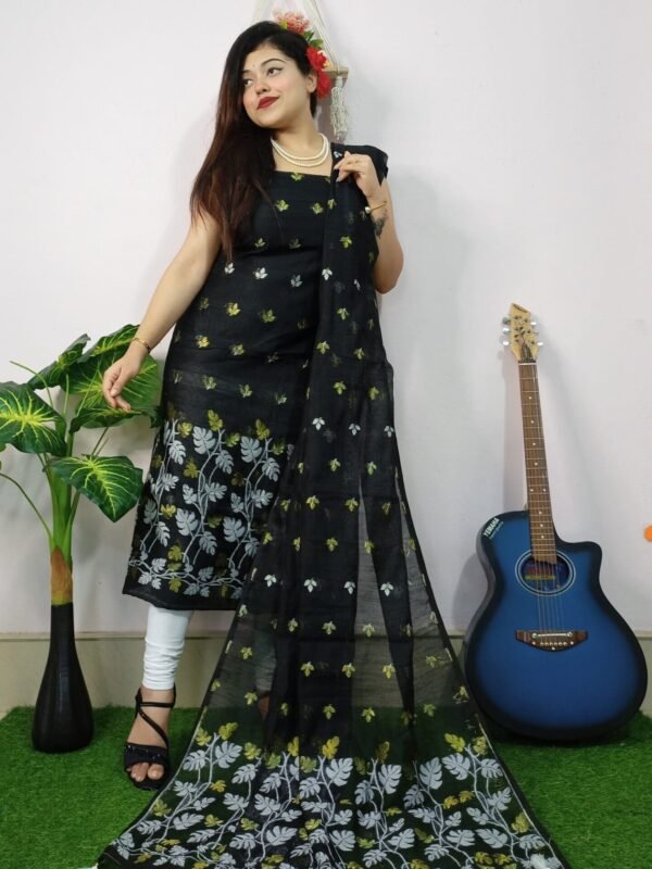 Lota Black Muga Cotton Unstitched Jamdani Kurta Set