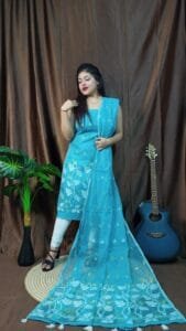 Lota Blue Ice Muga Cotton Unstitched Jamdani Kurta Set