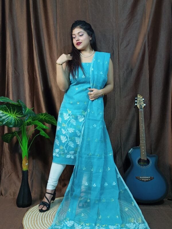 Lota Blue Ice Muga Cotton Unstitched Jamdani Kurta Set