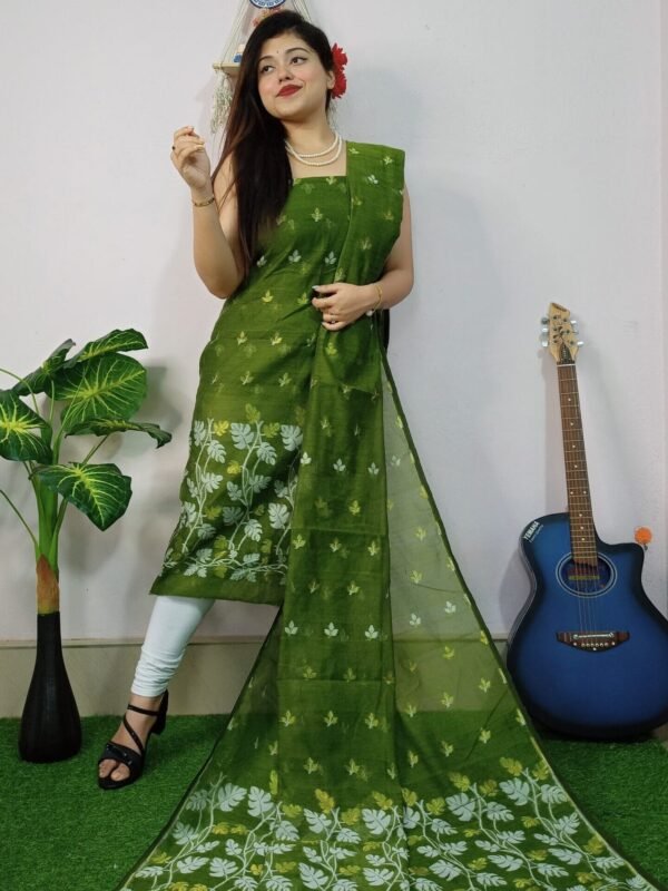 Lota Camo Green Muga Cotton Unstitched Jamdani Kurta Set