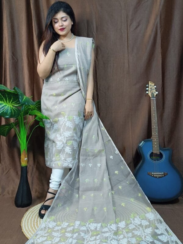Lota Cool Grey Muga Cotton Unstitched Jamdani Kurta Set