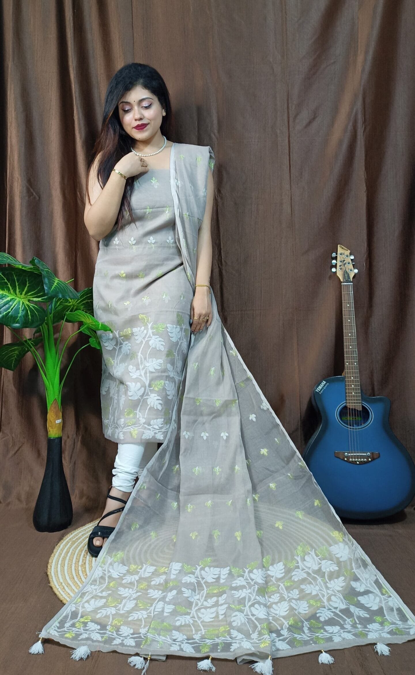 Lota Cool Grey Muga Cotton Unstitched Jamdani Kurta Set