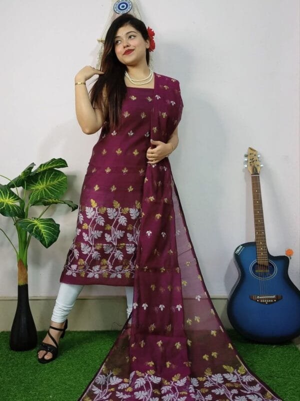 Lota Old Mauve Muga Cotton Unstitched Jamdani Kurta Set