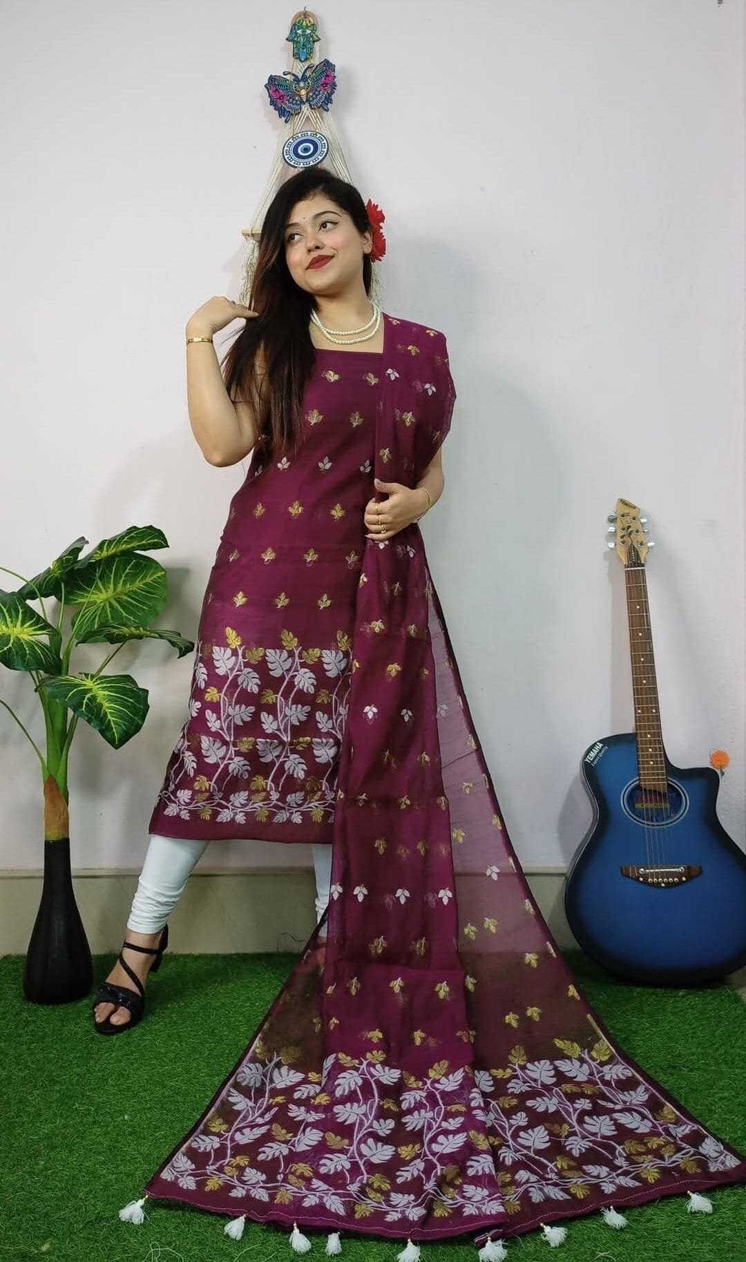 Lota Old Mauve Muga Cotton Unstitched Jamdani Kurta Set