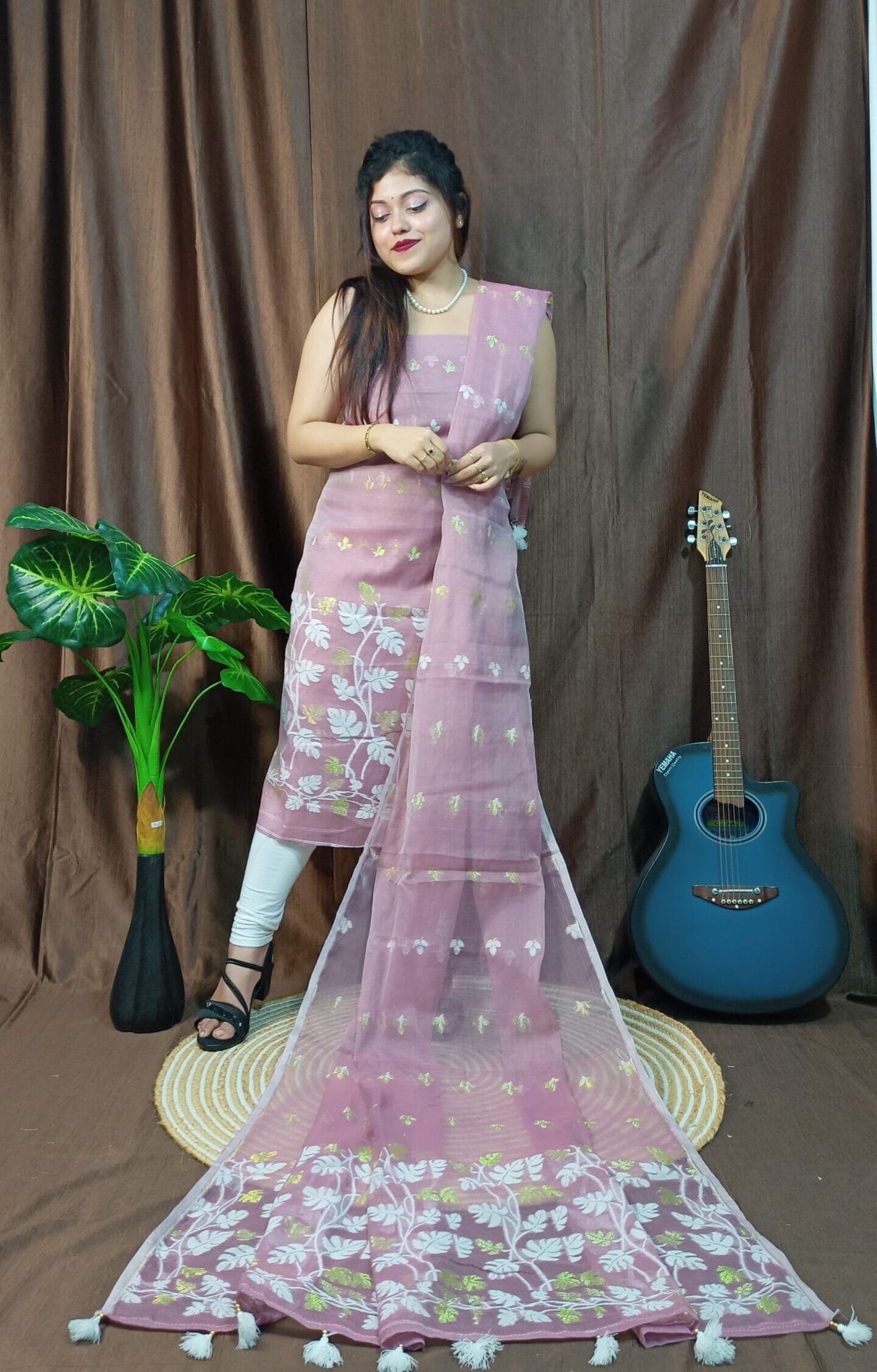 Lota Pastel Purple Muga Cotton Unstitched Jamdani Kurta Set