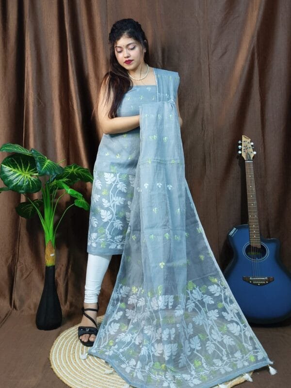 Lota Rock Blue Muga Cotton Unstitched Jamdani Kurta Set