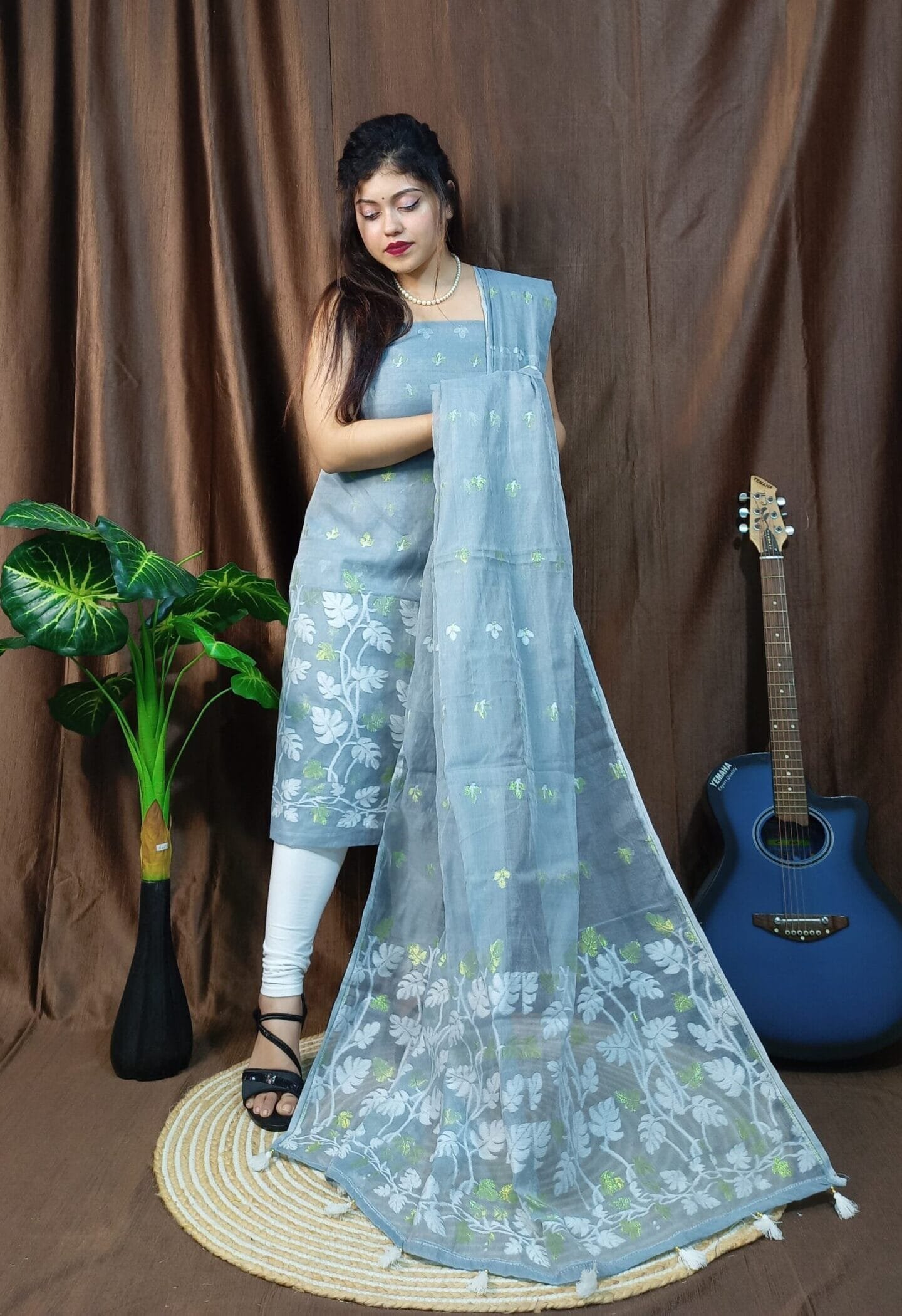 Lota Rock Blue Muga Cotton Unstitched Jamdani Kurta Set 1 Lota Rock Blue Muga Cotton Unstitched Jamdani Kurta Set