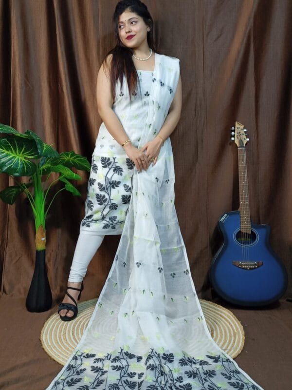 Lota White Muga Cotton Unstitched Jamdani Kurti Set