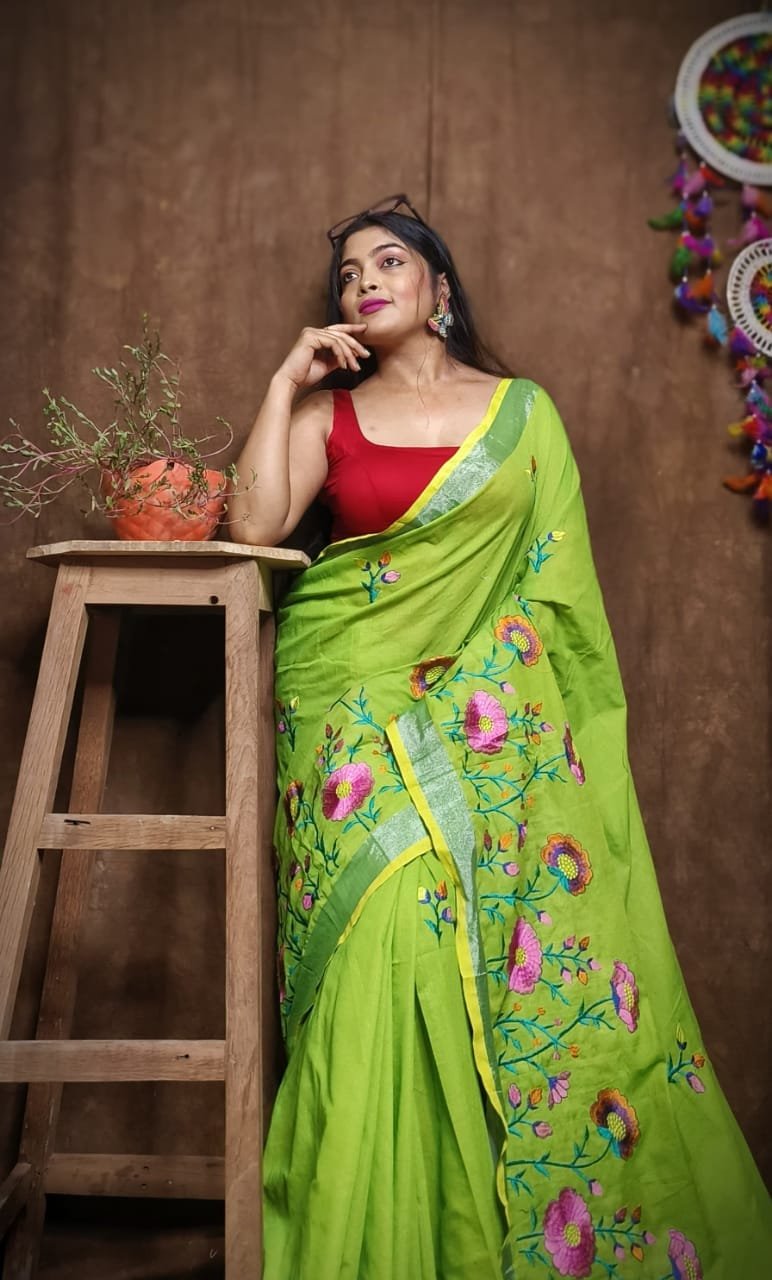 Lotus Soft Avocado Green Embroidery Work Cotton Sari 3 Lotus Soft Avocado Green Handloom Cotton Silk Saree