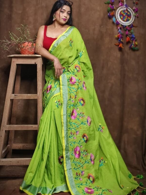 Lotus Soft Avocado Green Handloom Cotton Silk Saree