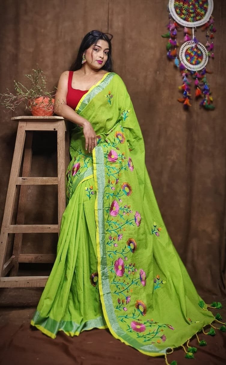 Lotus Soft Avocado Green Embroidery Work Cotton Sari 1 Lotus Soft Avocado Green Handloom Cotton Silk Saree