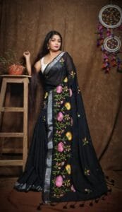 Lotus Soft Black Handloom Cotton Silk Saree