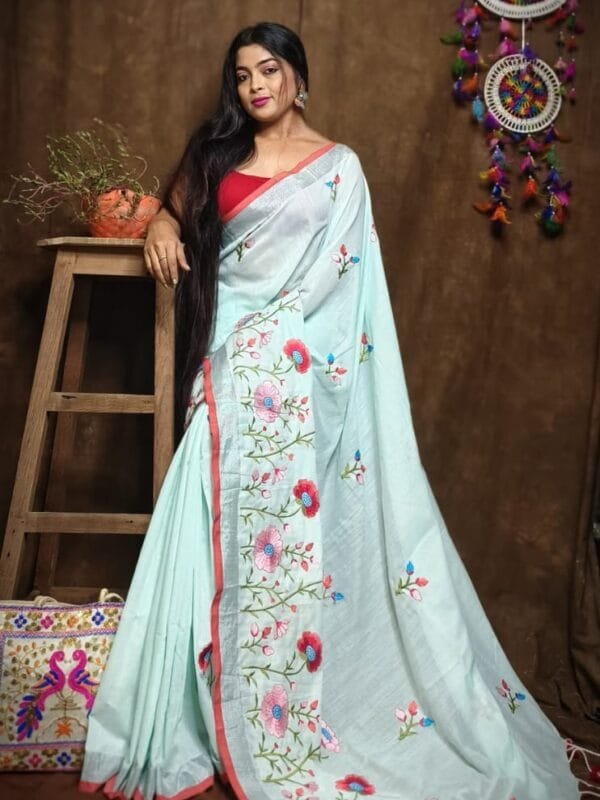 Lotus Soft Mint Tulip Handloom Cotton Silk Saree