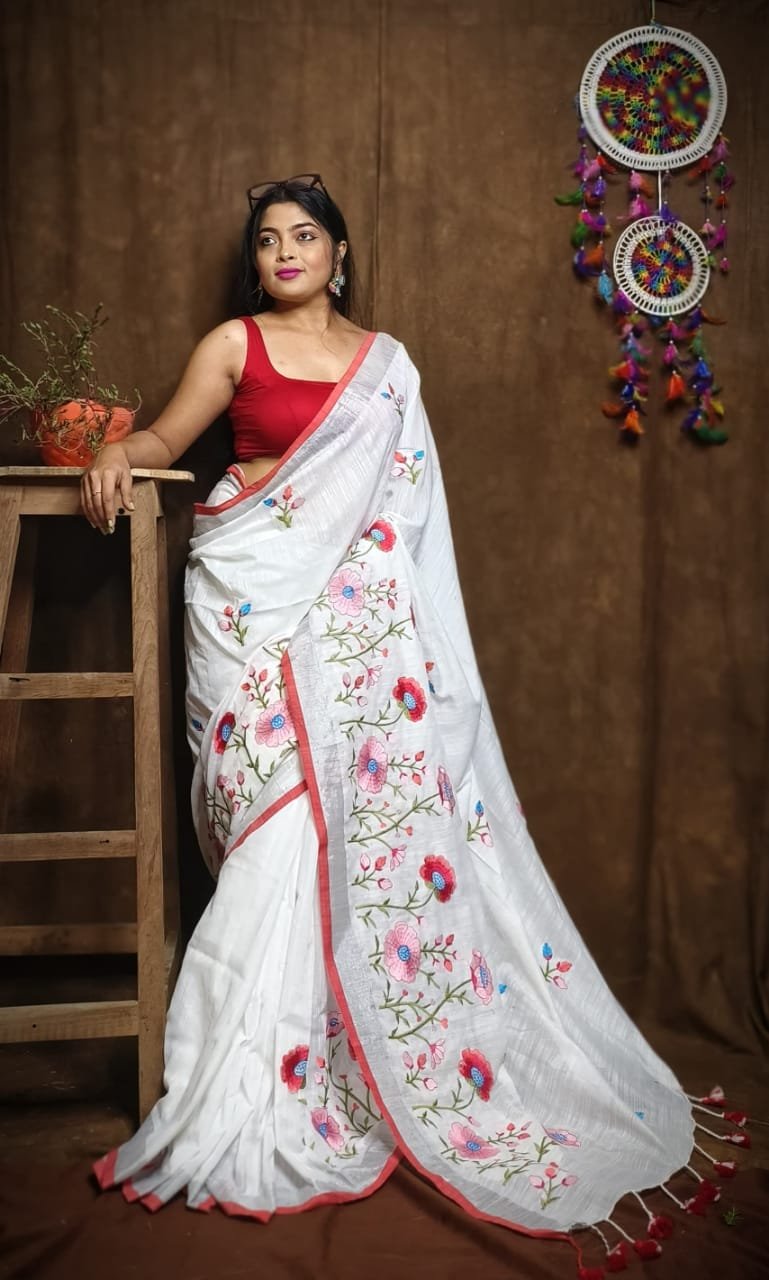 Lotus Soft White Embroidery Work Cotton Sari 1 Lotus Soft White Handloom Cotton Silk Saree