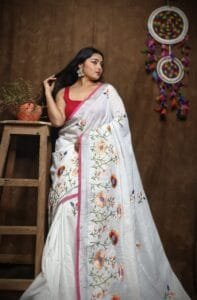 Lotus Soft White Handloom Cotton Silk Sari