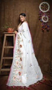 Lotus Soft White Handloom Cotton Silk Sari