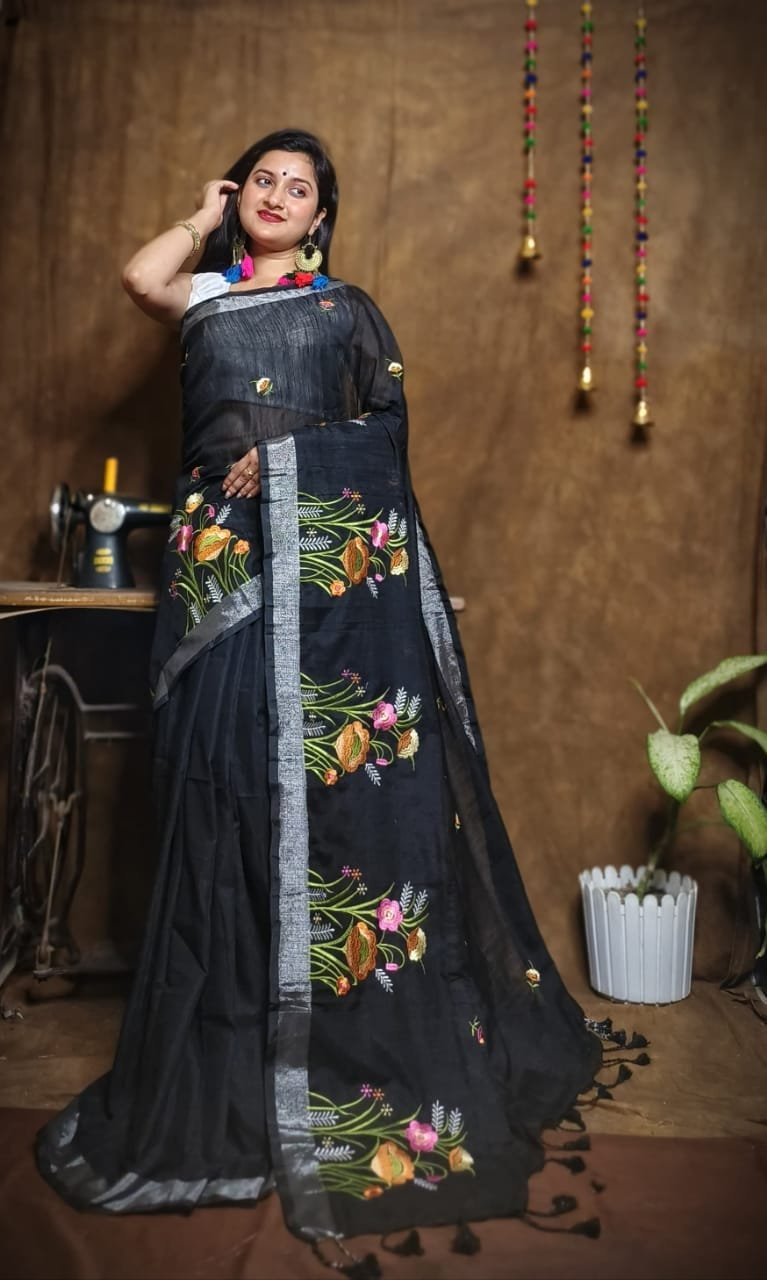 New Lotus Black Embroidery Work Cotton Sari 3 New Lotus Black Handloom Cotton Silk Saree