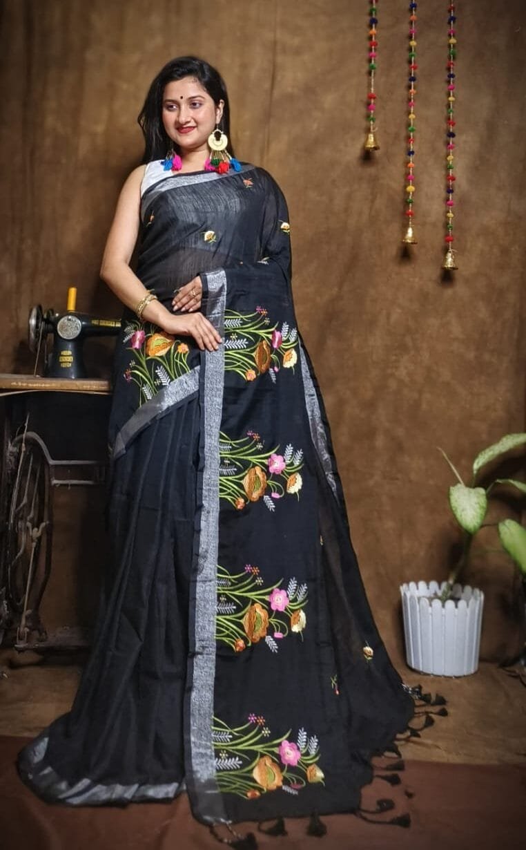 New Lotus Black Embroidery Work Cotton Sari 1 New Lotus Black Handloom Cotton Silk Saree