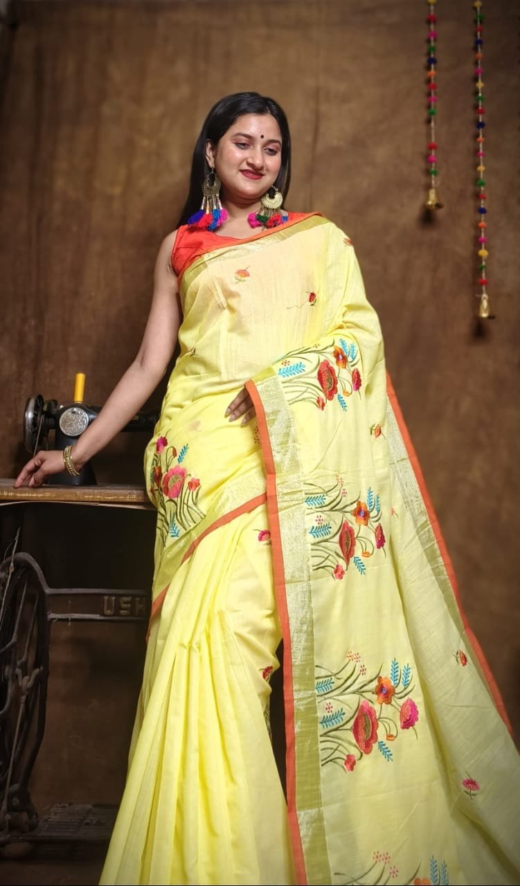 New Lotus Light Gold Embroidery Work Cotton Sari 2 New Lotus Light Gold Handloom Cotton Silk Saree