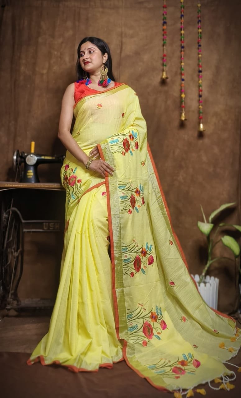New Lotus Light Gold Embroidery Work Cotton Sari 1 New Lotus Light Gold Handloom Cotton Silk Saree