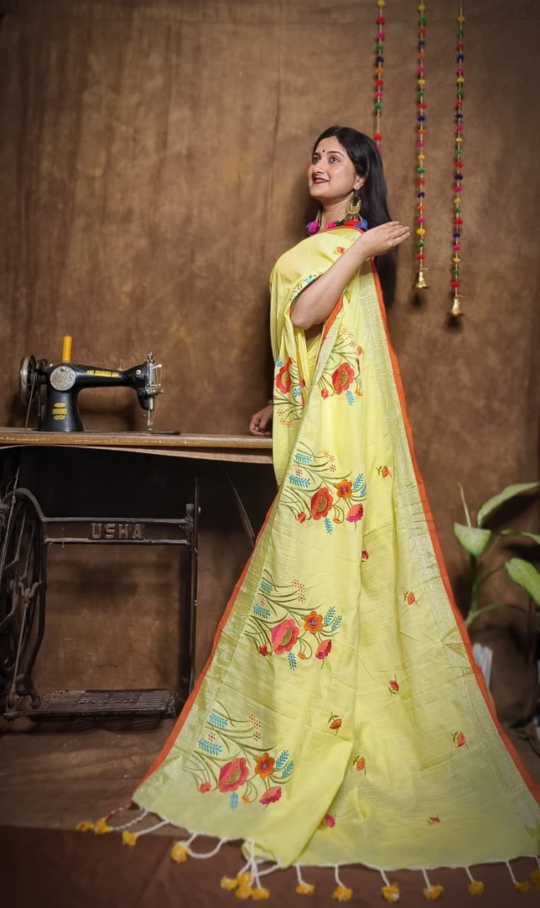 New Lotus Light Gold Embroidery Work Cotton Sari 3 New Lotus Light Gold Handloom Cotton Silk Saree