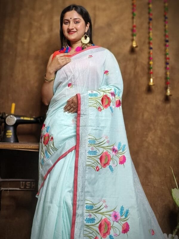 New Lotus Pale Aqua Handloom Cotton Silk Saree