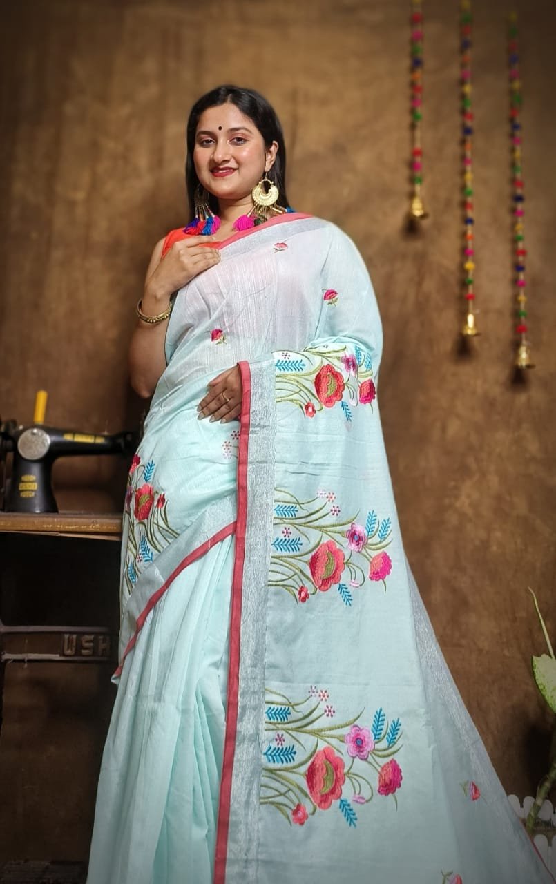 New Lotus Pale Aqua Embroidery Work Cotton Sari 2 New Lotus Pale Aqua Handloom Cotton Silk Saree