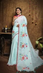 New Lotus Pale Aqua Handloom Cotton Silk Saree