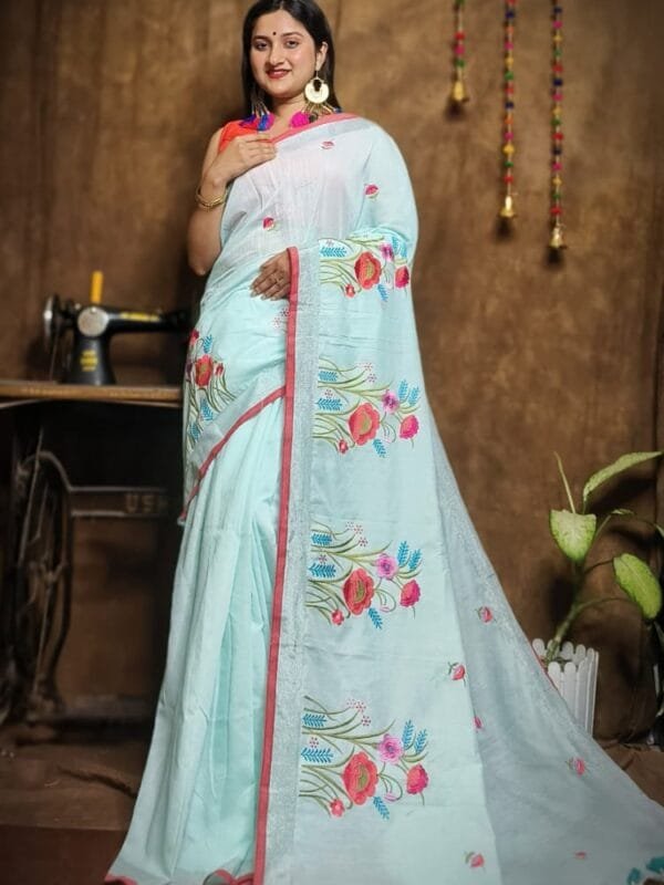 New Lotus Pale Aqua Handloom Cotton Silk Saree