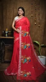 New Lotus Pinkish Red Handloom Cotton Silk Saree