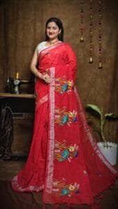 New Lotus Pinkish Red Handloom Cotton Silk Saree