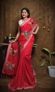 New Lotus Pinkish Red Handloom Cotton Silk Saree